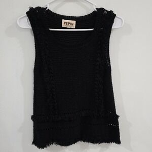 Anthropologie Pepin Womens Crochet Top Small Black Fringe Sleeveless Semi Sheer
